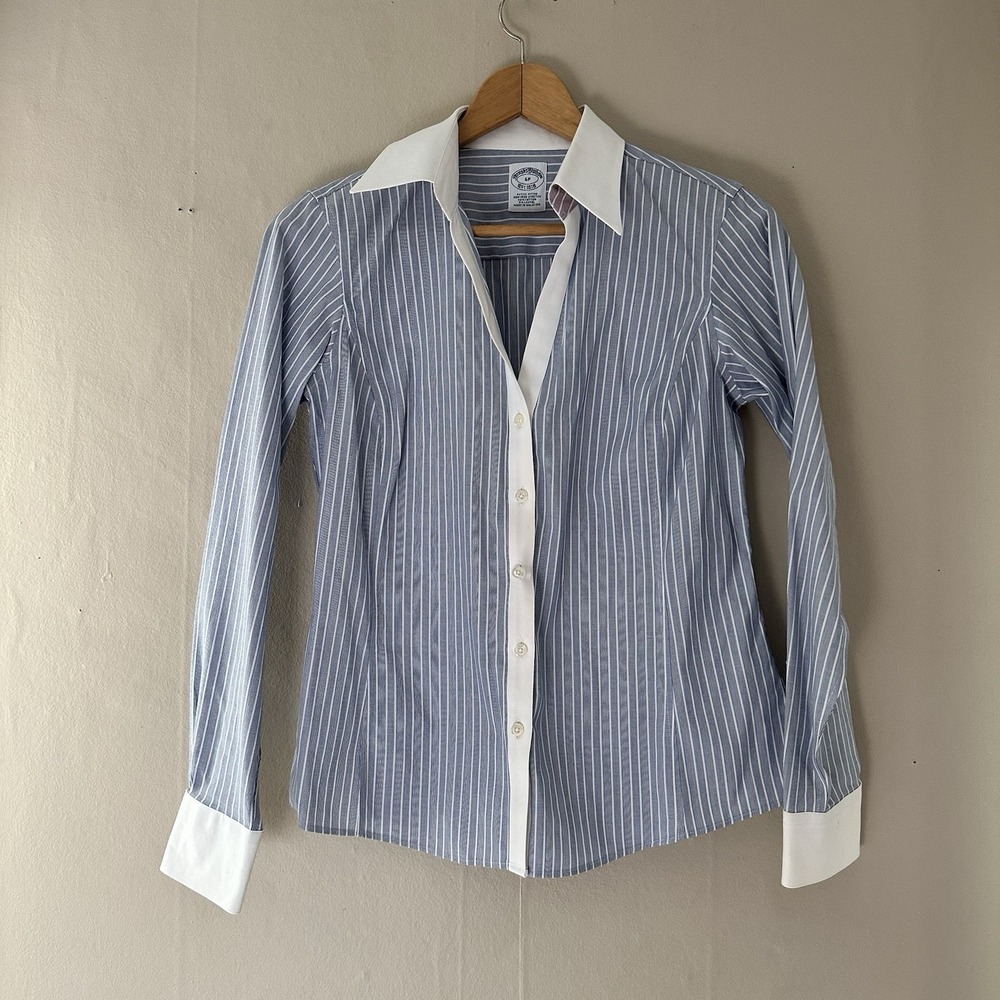 Brooks Brothers Womens Button Up Blouse Size 6P Striped Blue White Nautical